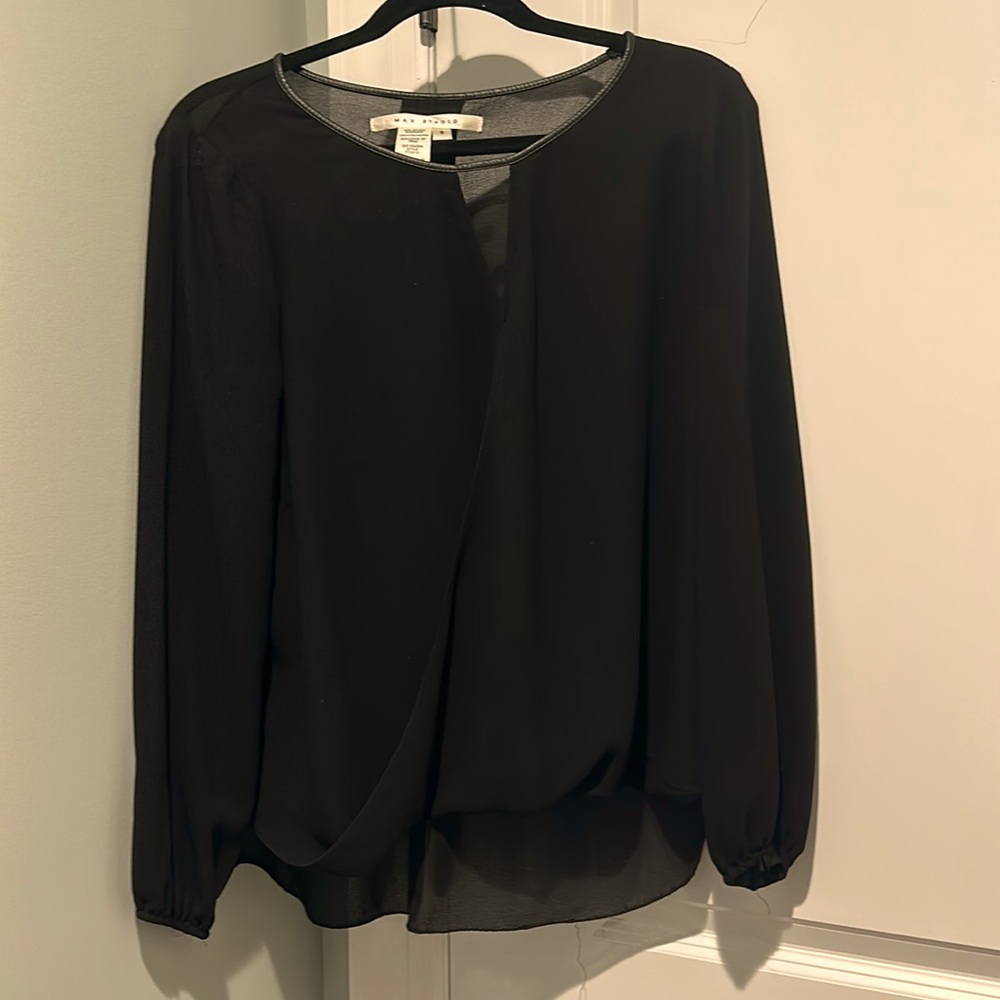Max Studio black Crêpe chiffon top with faux leather trim. Size S